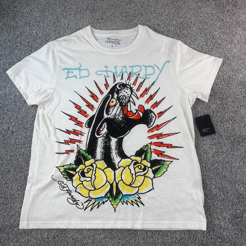 Ed Hardy Shirt Mens Large Ivory Panther Rose Graphic Tee Streetwear NWT